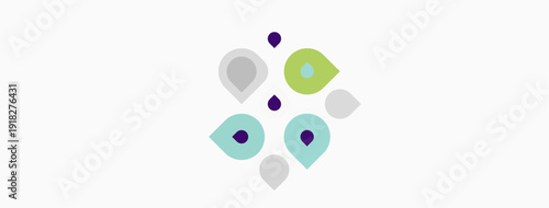 Abstract design features colorful dots, shapes. Minimalist style, clean lines, simple composition. Light background enhances visual elements.