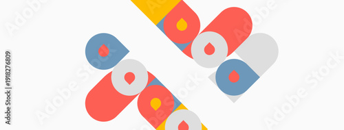 Abstract shapes overlap, creating dynamic composition. Colors include red, blue, yellow, gray. Minimalist design, modern aesthetic.