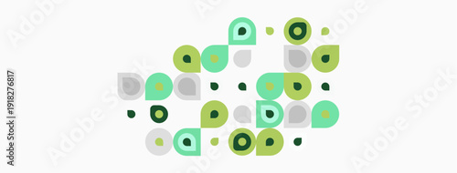 Abstract pattern. Circles vary size, color. Greens dominate, black accents present. Minimalist design, simple shapes. Clean aesthetic.