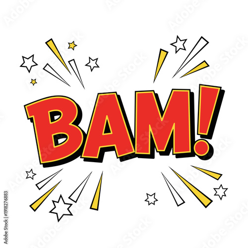 Comic Book Style BAM Word Art with Stars and Explosions.