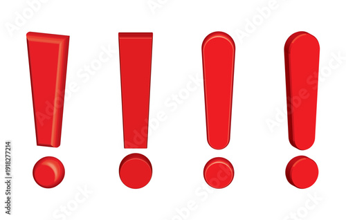 Set of red 3D exclamation marks vector. Collection of four warning symbols isolated on white. Glossy icons for alert, danger, error, attention, important notice and problem. Realistic graphic signs.