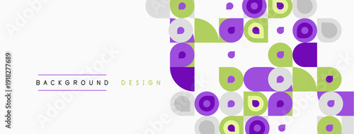 Abstract geometric pattern. Circles, squares overlap creating vibrant visual texture. Light background enhances colorful shapes.