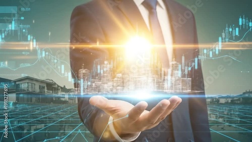 Professional Holding Holographic City with Digital Market Data – Futuristic Finance and Innovation Concept, businessman touching virtual screen with world map