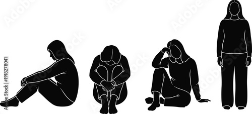 Black silhouette of a depressed woman sitting on the floor in various sad poses isolated on a white background, lonely