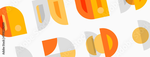 Abstract geometric pattern. Shapes overlap, creating playful visual texture. Warm colors dominate design. Minimalist aesthetic.