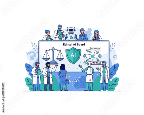 Ethical AI Board Concept with Doctors and Robot Collaboration. Medical Team Discussing Artificial Intelligence Ethics, Safety, and Fairness in Healthcare. Flat Vector Illustration.