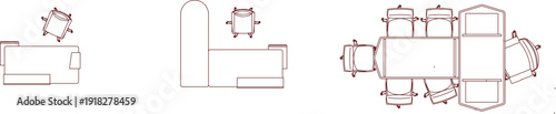 Φωτογραφία Executive office desk sets featuring L-shaped workstations, rectangular managerial tables, and ergonomic chairs in top view