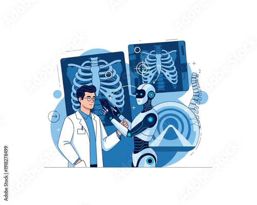 Doctor Collaborating with AI Robot for Radiology X-Ray Analysis, Medical Imaging Diagnostics, Smart Hospital Technology, Future Healthcare Innovation Concept, Flat Vector Illustration