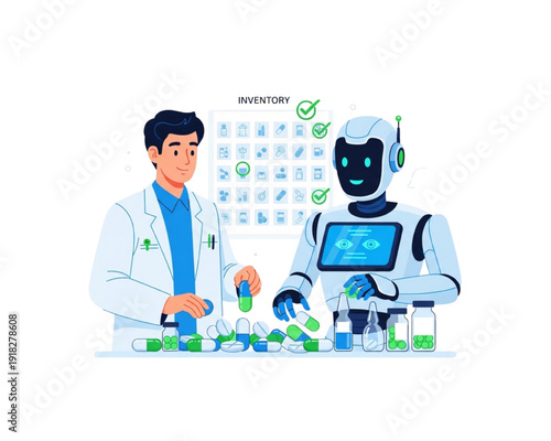 Pharmacist Doctor Collaborating with AI Robot, Pharmacy Inventory Management System, Medicine Stock Control, Smart Healthcare Automation, Digital Supply Chain Concept, Flat Vector Illustration