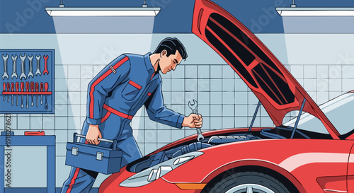 Auto mechanic in blue uniform fixing a red sports car engine with a wrench in a garage. Detailed vector illustration of a car repair shop interior with tools and equipment.