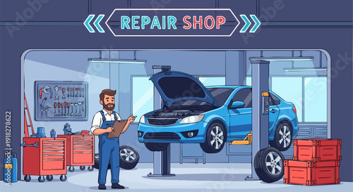 Car repair shop vector illustration with a mechanic inspecting a blue car on a lift. The garage features tools, tires, and equipment, set against a light blue and grey color palette.