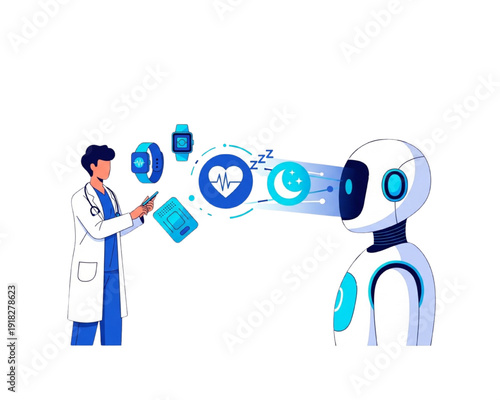 Doctor Using AI Robot for Remote Patient Monitoring, Wearable Health Tracking, Sleep and Heart Rate Analytics, Telemedicine Smart Healthcare Technology, Flat Vector Illustration