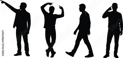 Black silhouette of a man in various poses including pointing walking and gesturing isolated on a white background for design