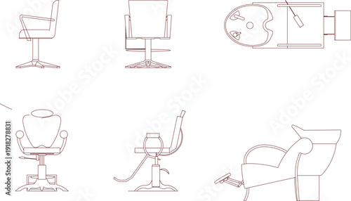 Professional barbershop and hair salon furniture sets featuring styling chairs and shampoo stations in multiple view angles.