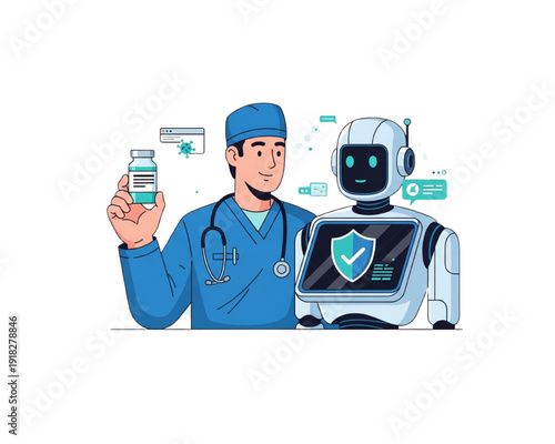 Doctor Collaborating with AI Robot for Vaccine Safety and Immunization Records, Digital Health Verification Shield, Smart Hospital Infection Control Concept, Flat Vector Illustration
