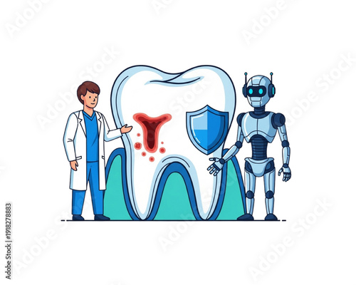 Dentistry Assistant AI Robots Helping Dentist, Tooth Decay Treatment and Oral Care Protection, Smart Dental Clinic Technology, Future Healthcare Concept, Flat Vector Illustration