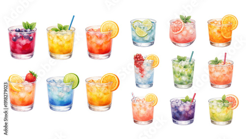 A charming watercolor collection of refreshing summer cocktails, including citrus slices, crushed ice, fresh mint leaves, and colorful fruit garnishes.