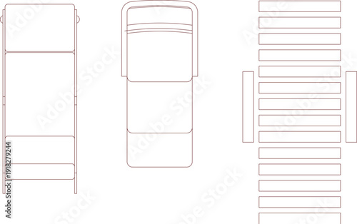 Professional medical treatment beds and adjustable spa chairs collection for clinic or wellness interior floor plan design.