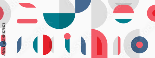 Abstract geometric shapes, circles, rectangles, overlapping forms. Minimalist design with muted red, teal, gray tones. Studio branding visible.