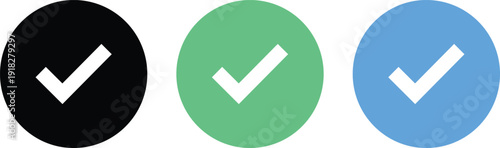 Set of account verification icons with check marks in circle and badge shapes for social media profile security. Blue, black and green tick authenticity symbol isolated on transparent background.