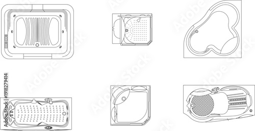 Modern sanitary ware set featuring luxury whirlpool tubs, spa basins, and diverse shower tray designs in top view floor plans.