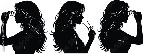 Black silhouette of a woman with long hair in profile wearing glasses and holding spectacles isolated on a white background