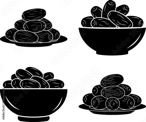 Set of Four dates silhouette vector in bowls and plates for food branding and menu design