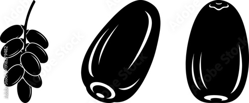 Black date fruit bunch and individual silhouettes vector illustration for ramadan branding