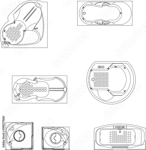 Advanced luxury whirlpool and spa collection featuring complex massage jet patterns and ergonomic tub designs in top view.
