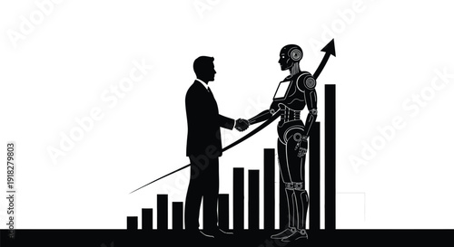 Silhouette of businessman shaking hands with advanced humanoid robot symbolizing future business partnership growth