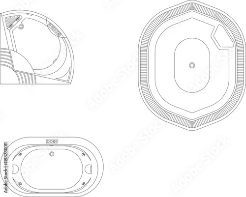 Luxury bathtub and jacuzzi collection featuring corner, oval, and hexagonal spa tub designs in top view floor plan icons.