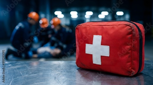 Red first aid kit bag with white cross symbol resting on a metal surface while emergency medical personnel attend to an injured person.