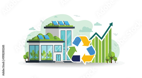 Sustainable building growth concept featuring solar energy recycling symbol and upward trending chart