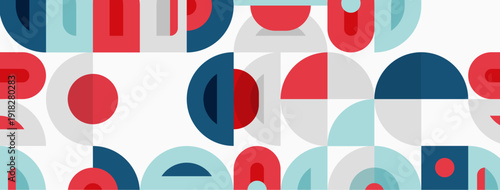 Geometric pattern features circles, semicircles, rectangles. Red, blue, gray colors dominate white background. Modern design element.