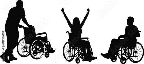 Black silhouette of people in wheelchairs and a caregiver isolated on a white background, disability, accessibility, and medical healthcare concept