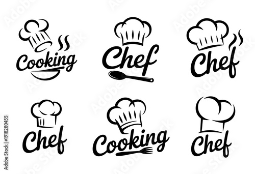 Vector set of chef and cook icons for bakery, restaurant, and bistro branding featuring diverse head chef hats and traditional baker toque caps.