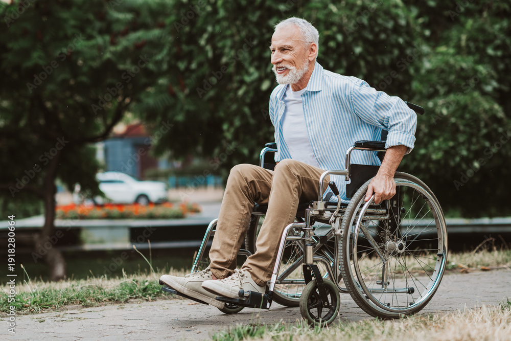 Obraz premium Heartwarming grandpa in a wheelchair enjoying a sunny park day with family and friends and the joy of mobility
