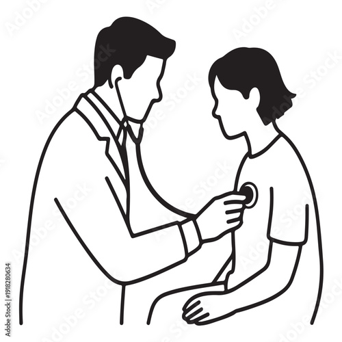 Outline of doctor listening to young patient chest with stethoscope showing physical examination and primary healthcare checkup concept