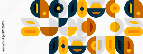 Abstract geometric shapes, muted colors, midcentury modern style. Composition features curves, lines, circles, rectangles. Minimalist design.