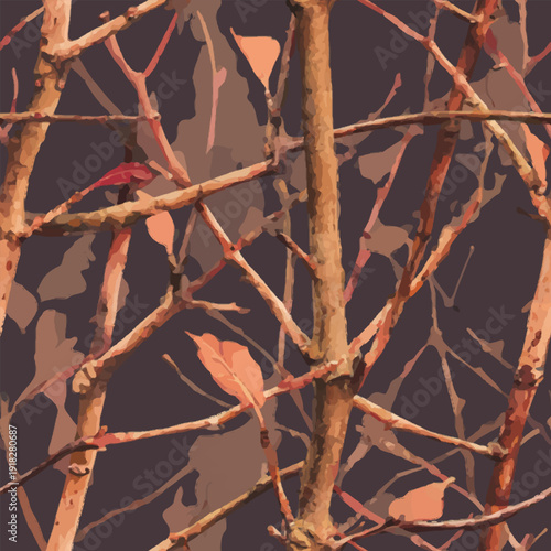 Real tree forest hunting camouflage seamless pattern design with barks and leaves. Camouflage repeat pattern