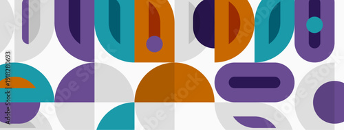 Abstract geometric pattern. Shapes overlap, creating midcentury modern aesthetic. Colors include teal, purple, orange, gray. Simple design.