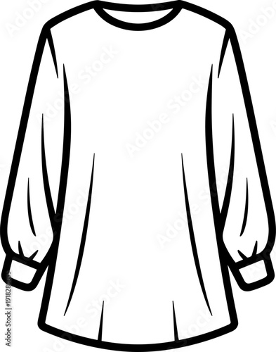 Long Sleeve Minimal Tunic Dress Front View Flat Fashion CAD Outline Template Modern Women Apparel Illustration