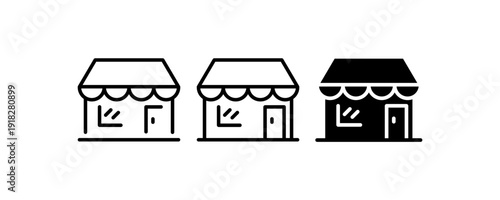 Storefront Shop Building Outline and Solid Vector Icon Set
