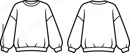 Oversized Crewneck Sweatshirt Front and Back View Flat Fashion CAD Outline Template Casual Streetwear Apparel Illustration Design
