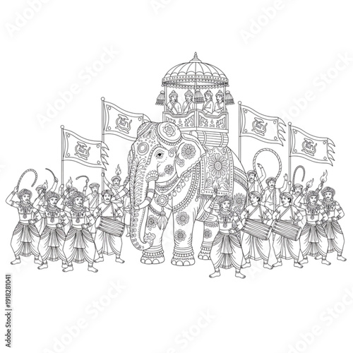 Kandy Perahera parade line art – Sri Lankan festival illustration