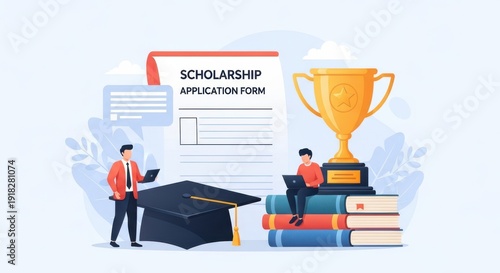 Scholarship Application With Trophy Books Graduation Cap