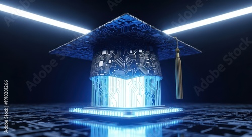 Digital Graduation Cap on Circuit Board with Glowing Lights