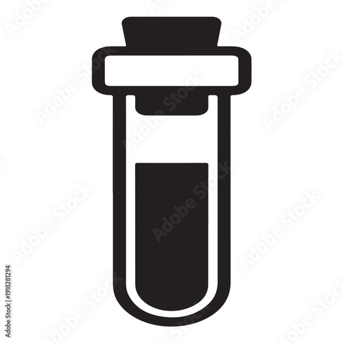 Simple black icon of laboratory test tube filled with liquid and sealed with cork stopper representing chemical sample or scientific experiment