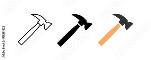 Hammer Tool Outline and Colored Vector Icon Set
