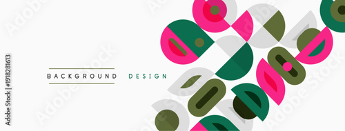 Abstract geometric pattern. Overlapping circles, squares create modern design. Pink, green, gray hues dominate composition. Simple, clean aesthetic.